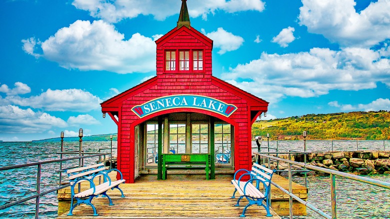 A bright red dock on Seneca Lake