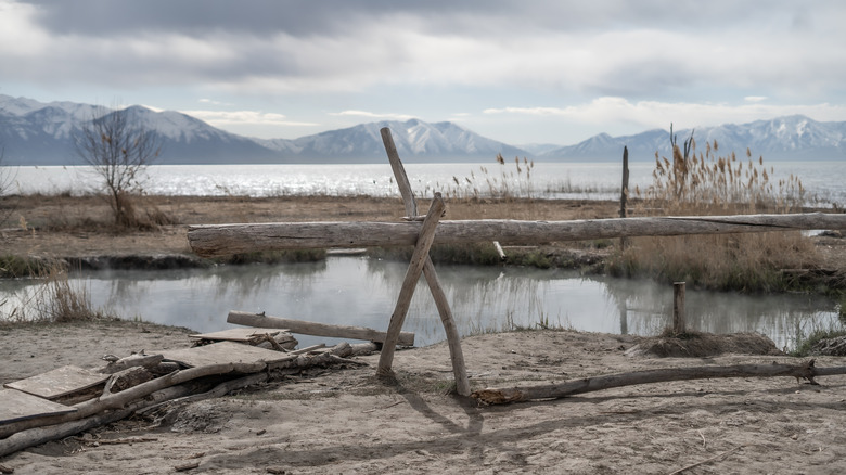 Saratoga Hot Springs in Utah, overlooking Utah Lake with snow-capped mountains on the horizon