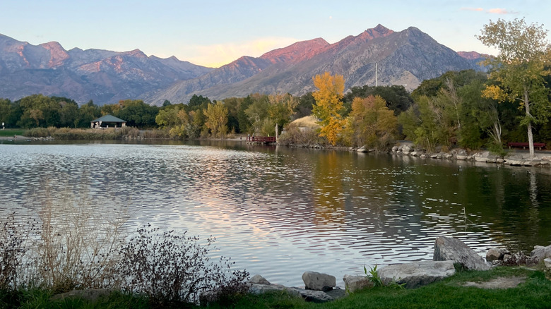 Highland Glen Park Pond in Highland, Utah at sunset