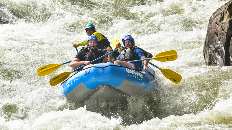 Group of four whitewater rafting on rapids