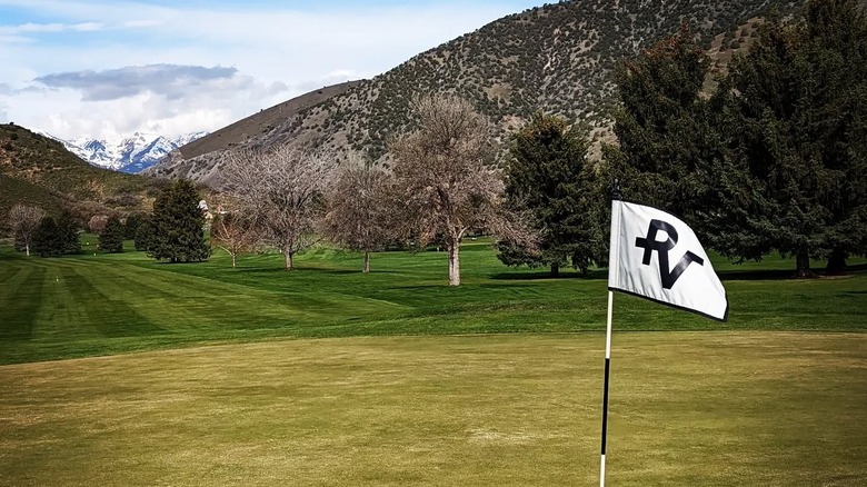 The mountain-backed fairway at Round Valley Golf Course in Morgan City, Utah