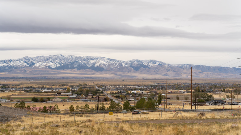 Snow-dusted mountains seen from Tooele, Utah.
