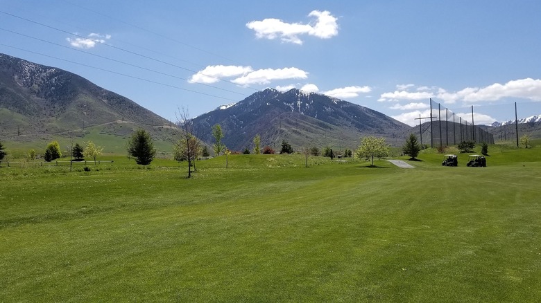 A green golf course on a clear day with mountains in view