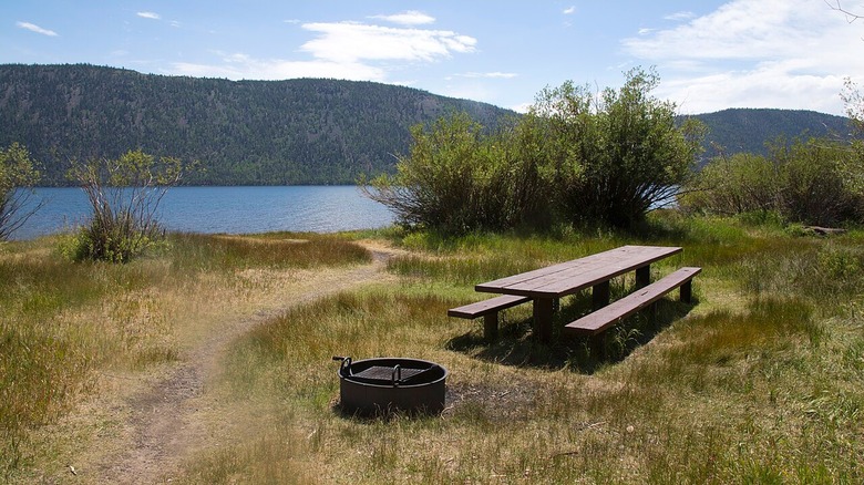 A campsite with a picnic table and a fire ring overlooking Fish Lake