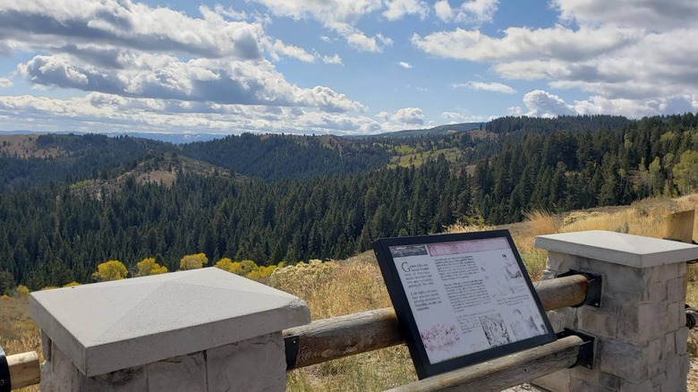 Interpretive sign overlooking trees and sky with clouds at Bear Lake Overlook