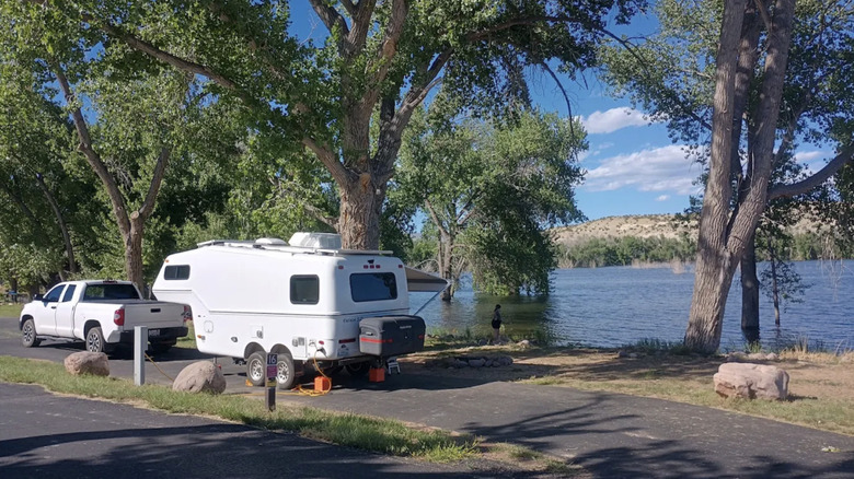an RV parked near the Steinaker Reservoir in Utah