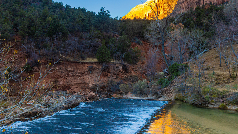 A waterfall below the Court of the Patriarchs on the Sand Bench Trail, Zion National Park