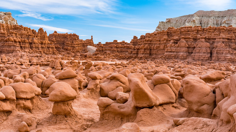Field of hoodoos against colorful sandstone Goblin Valley State Park