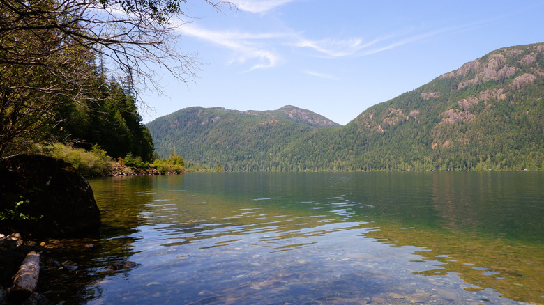 Low shot of Cameron Lake British Columbia on calm day in daylight