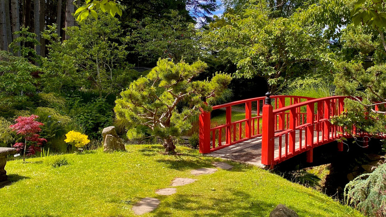 Red bridge in the Japanese Gardens on Mayne Island