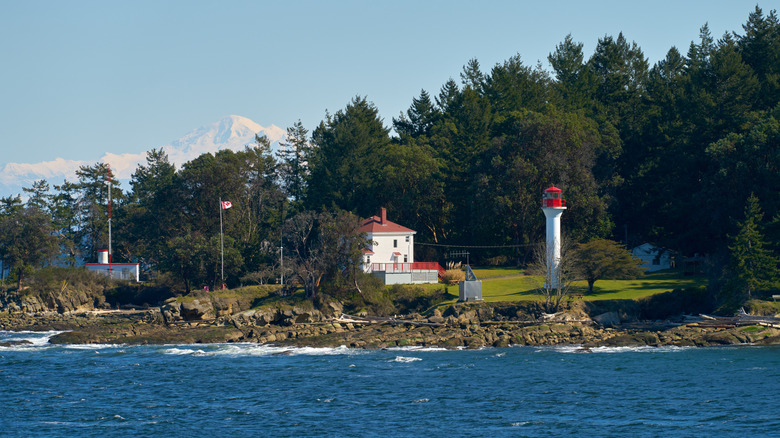 Georgina Point Lighthouse on the shore of Mayne Island in British Columbia