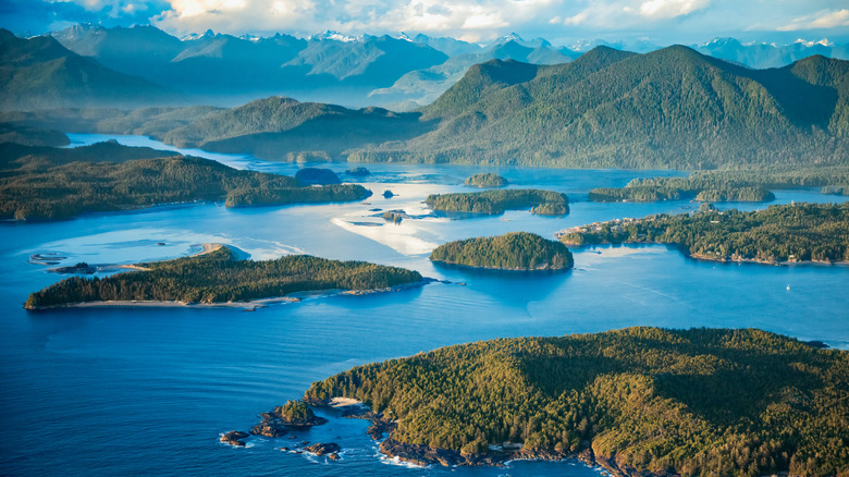 Aerial view over islands in Clayoquot Sound, Vancouver Island.