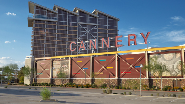 Exterior image of the Cannery Casino & Hotel sign with the hotel in the background