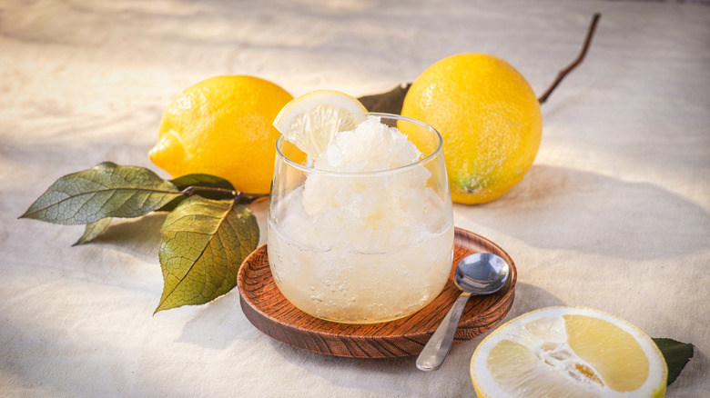 A prepared and garnished sgroppino surrounded by lemons