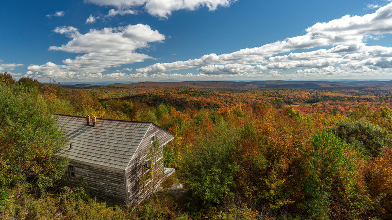 the view from Hogback Mountain Scenic Overlook with colorful fall foliage