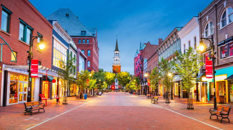 Church Street in Burlington, Vermont at twilight