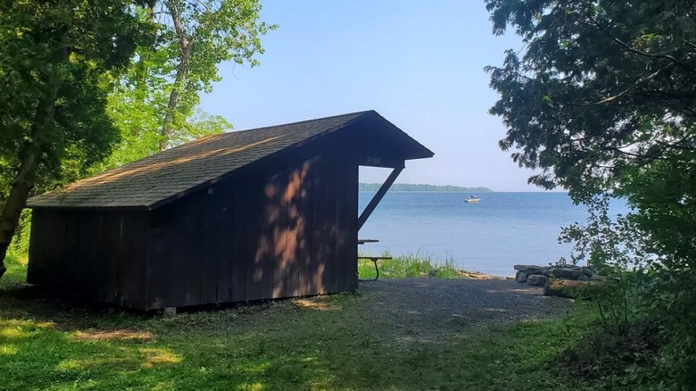 Waterfront camping in one of Burton Island's lean-to structures.