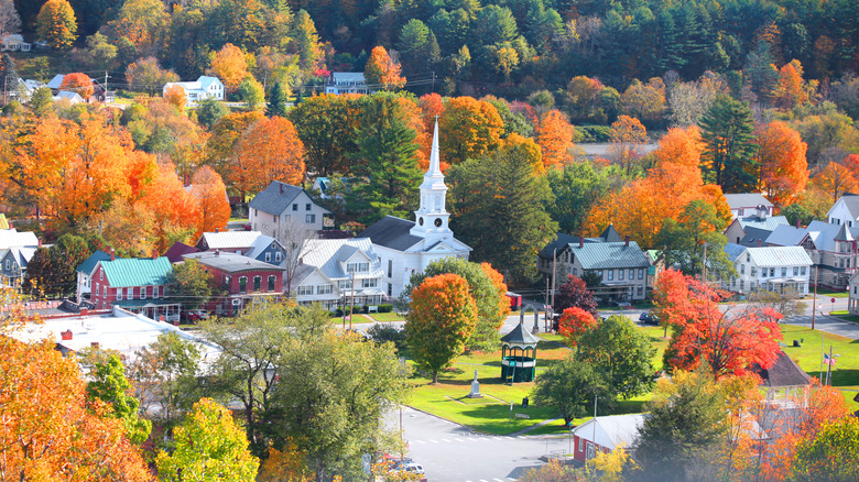 Aerial view of downtown South Royalton, Vermont and village green