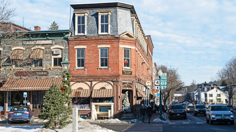 Buildings gleam in the sunshine on a winter day in Woodstock, Vermont