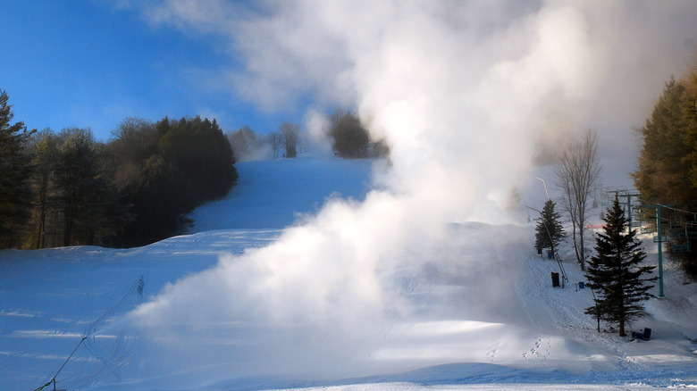 Snow blowing at Saskadena Six Ski Area in Vermont