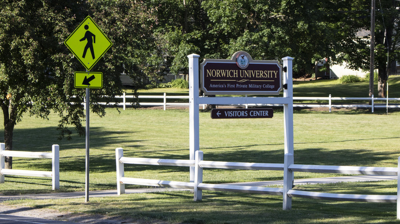 Welcome sign for Norwich University in Northfield, Vermont