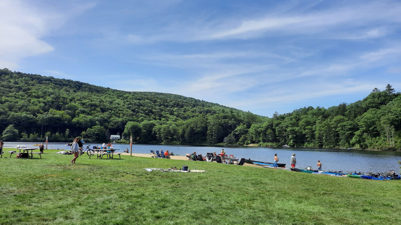 Echo Lake beach near a grassy lawn at Camp Plymouth State Park, Vermont