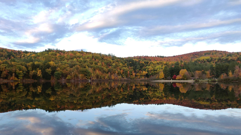 Mirrored reflection of autumn foliage on Echo Lake at Camp Plymouth State Park, Vermont