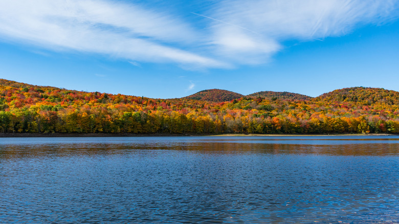 View across Harriman Reservoir and mountains during fall season in Vermont