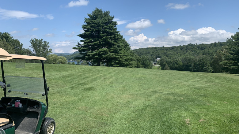 A golf cart at the Bomoseen Golf Club, overlooking Lake Bomoseen, in Castleton, Vermont