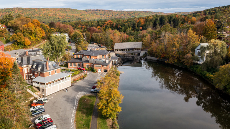 Quechee Main Street and covered bridge in Quechee, Vermont