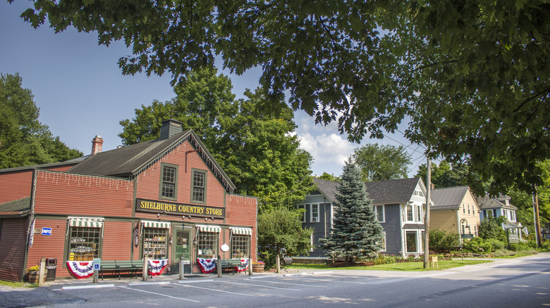 View of Shelburne, Vermont country store and historic homes in summer.