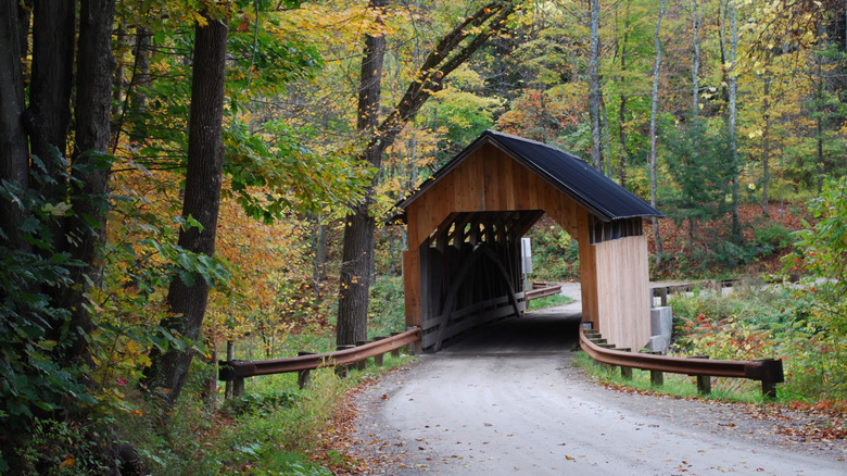 The Seguin Covered bridge stands in the middle of a curving dirt road, surrounded by autumn-tinged trees