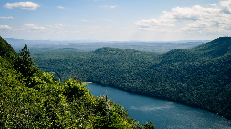 Lake flanked by greenery as seen from Mount Pisgah