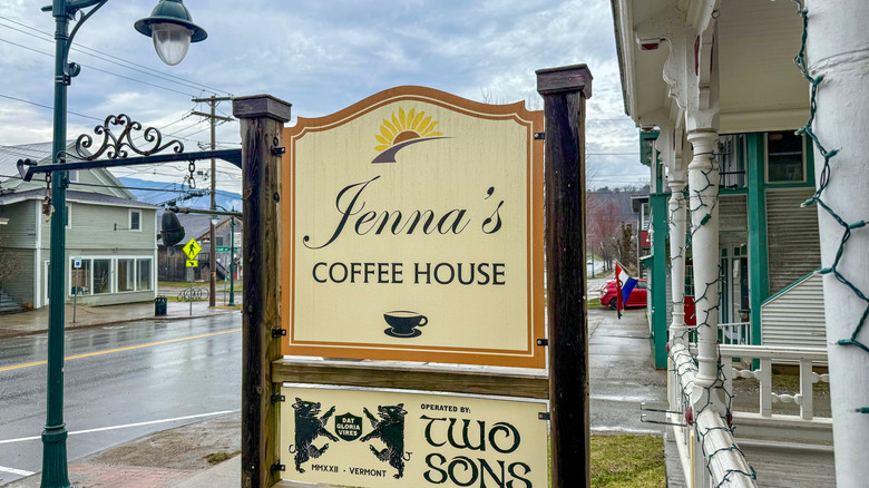 A sign outside Jenna's Coffee House in downtown Johnson, Vermont, on a rainy day