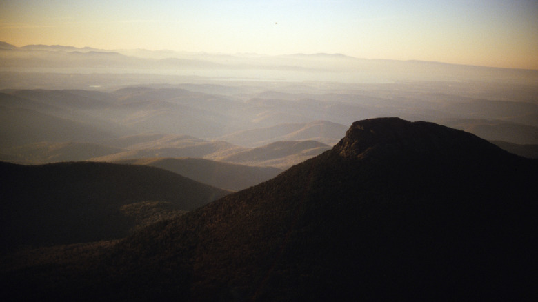 An aerial view of Camels Hump and the Green Mountains, at sunrise