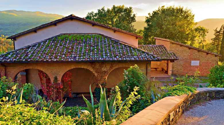 View of Casa di Giotto in Vicchio with the Tuscan hillside in the background