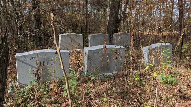 Gray headstones surrounded by a black fence and winter trees in the Grace Episcopal Church cemetery