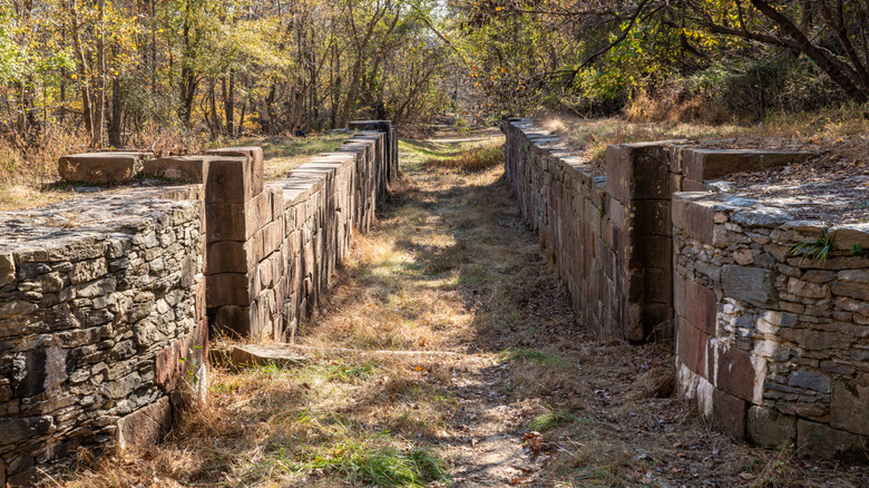 The ruins of an overgrown canal lock in Great Falls Park