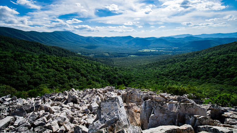 Devil's Marbleyard overlooking verdant mountains