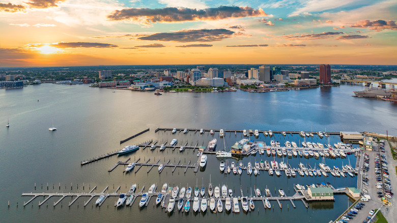 Norfolk, Virginia, downtown skyline at sunset