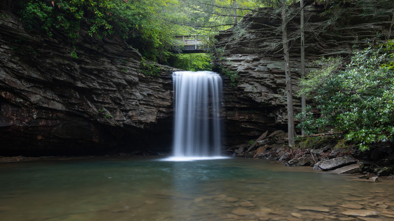 Little Stony Falls waterfall spills over a ledge into a rocky grotto pool in Jefferson National Forest near Coeburn