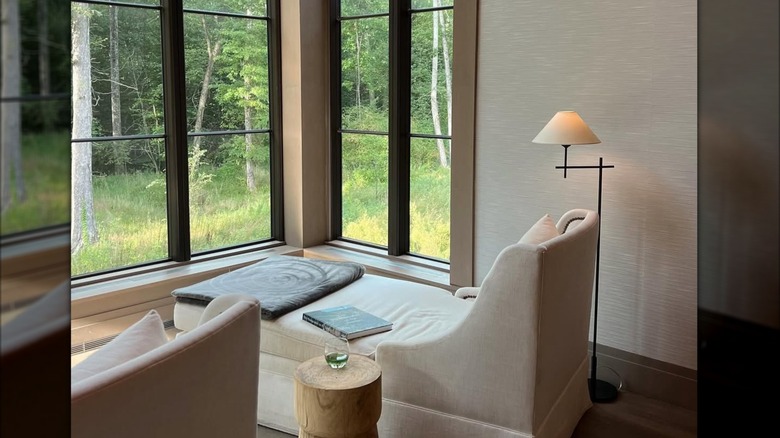 Spa lounge chairs overlooking the forest at Keswick Hall.