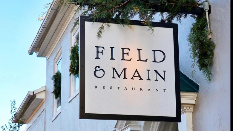 Signpost outside Field & Main restaurant in Marshall, Virginia