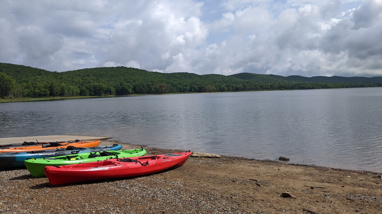 Colorful kayaks resting along the shore of Laurel Bed Lake on Clinch Mountain in the Clinch Mountain Wildlife Management Area of Southwest Virginia