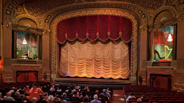 Inside of the ornate Byrd Theatre, with curtains closed, in Richmond, Virginia