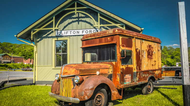 An old truck outside a station in Clifton Forge, VA