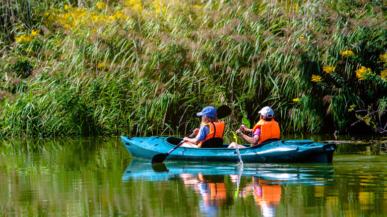 Two people paddling on a canoe