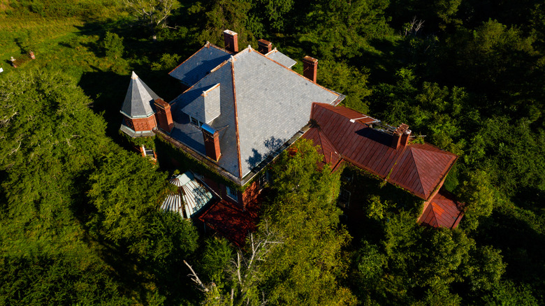 An aerial view of the the Dunnington Mansion in Farmville, Virginia, surrounded by dense green trees.