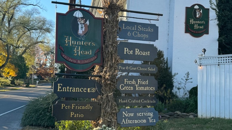 Signs in front of Hunter's Head Tavern in Upperville, Virginia
