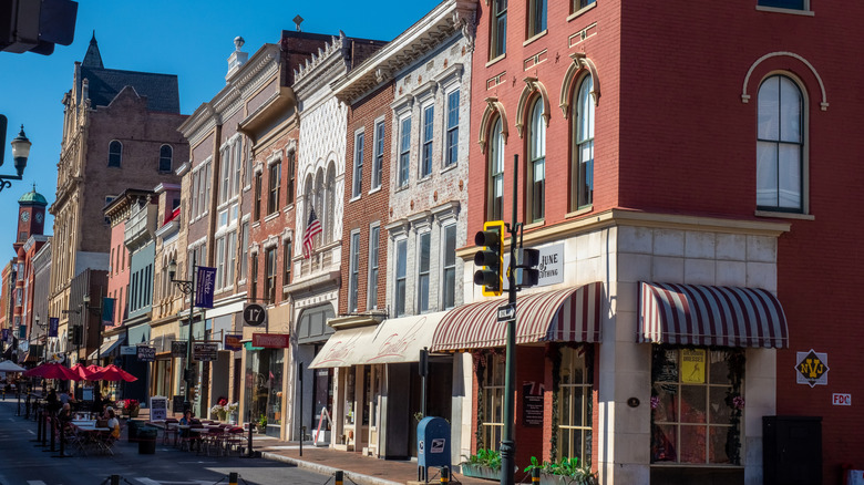 Colorful buildings in downtown Staunton, Virginia, on a sunny day